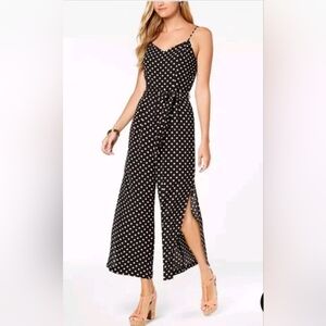 Monteau LA One Piece V-Neck Pants Romper Jumpsuit, Black w/ White Poka Dots Sz L